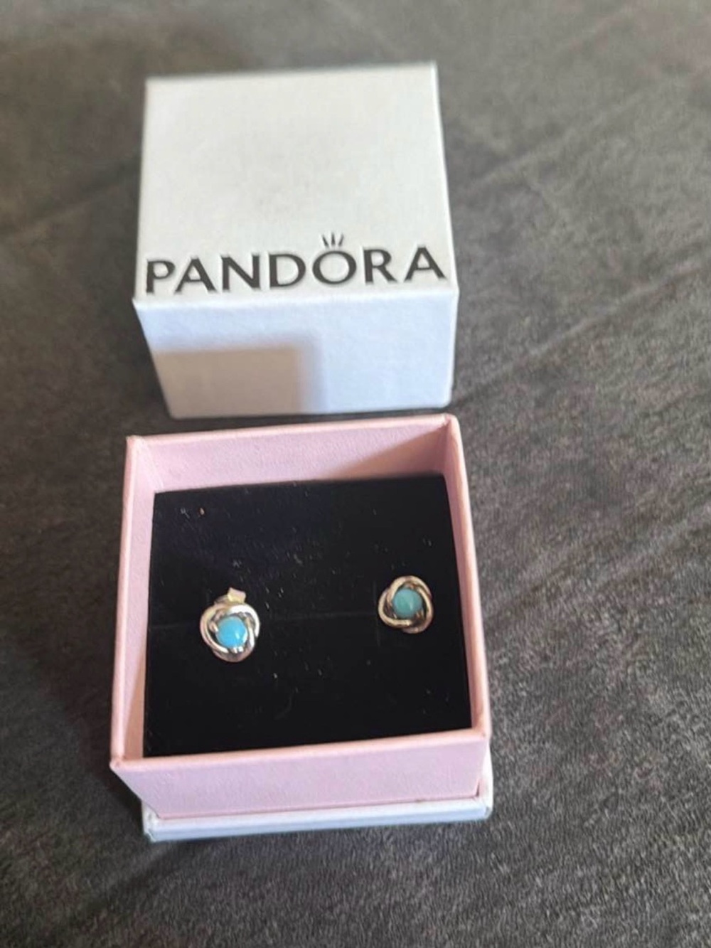 PANDORA Silver Heart Stud Earrings with Turquoise Centers